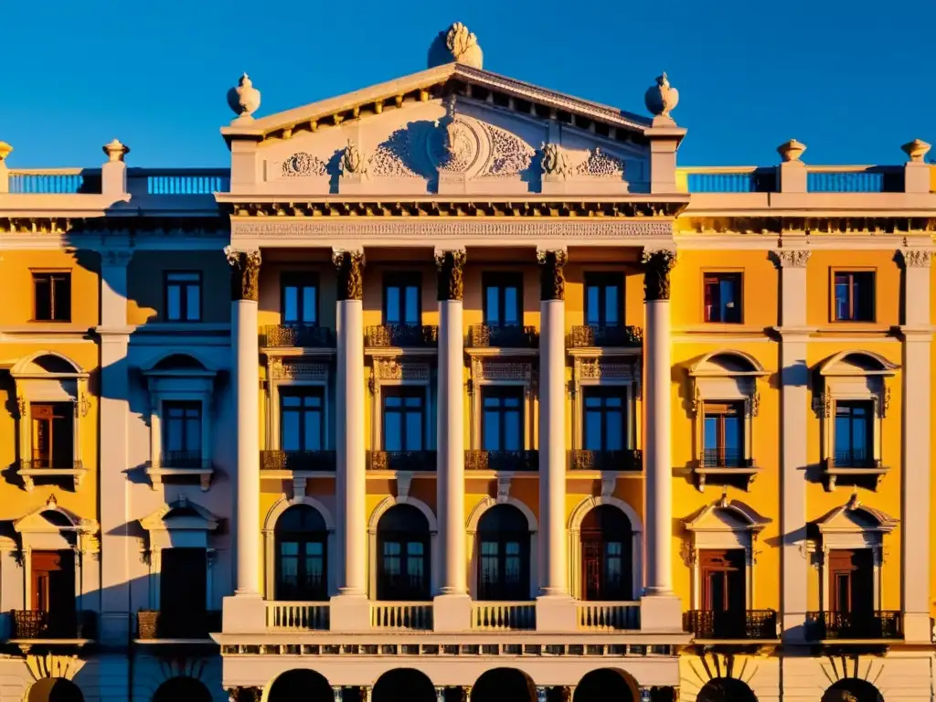 Patrimonio arquitectónico Uruguay: Palacio Salvo en Montevideo, destacando su belleza neoclásica bajo un crepúsculo ardiente