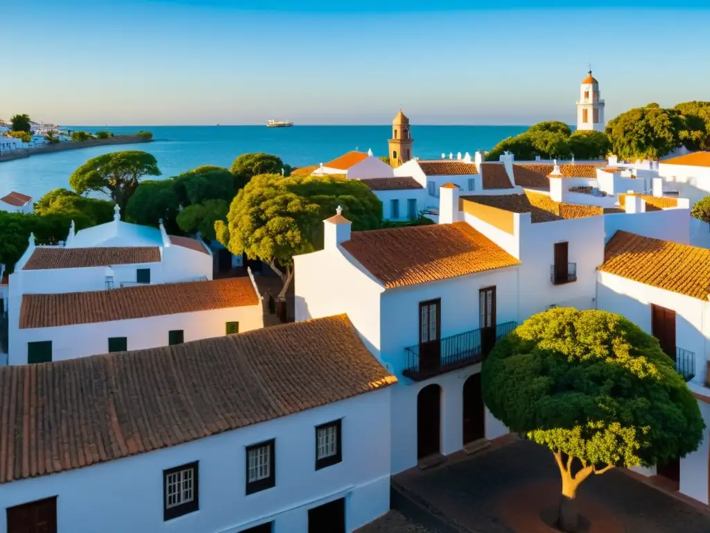 Patrimonio arquitectónico Colonia del Sacramento al atardecer, con calles adoquinadas, árboles centenarios y un faro que ilumina el pasado