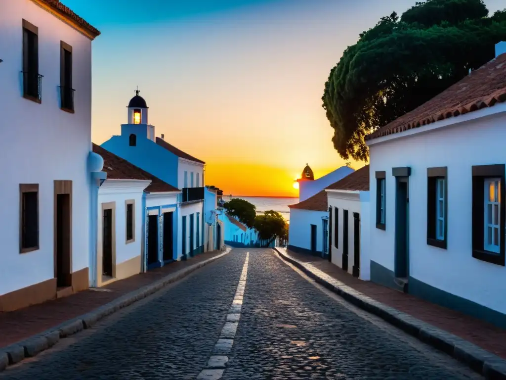 Patrimonio arquitectónico de Colonia del Sacramento brillando al atardecer: calles empedradas, faro majestuoso y vida vibrante