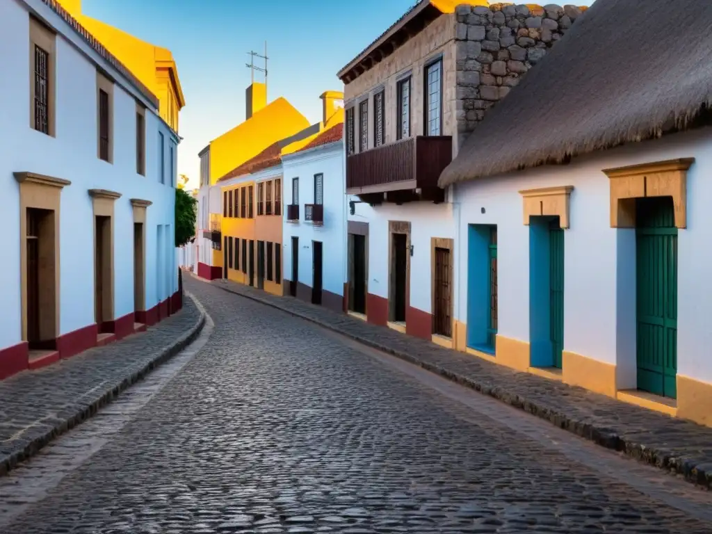 Patrimonio arquitectónico de Colonia del Sacramento bajo el sol dorado, con una calle empedrada, un coche vintage y el faro icónico