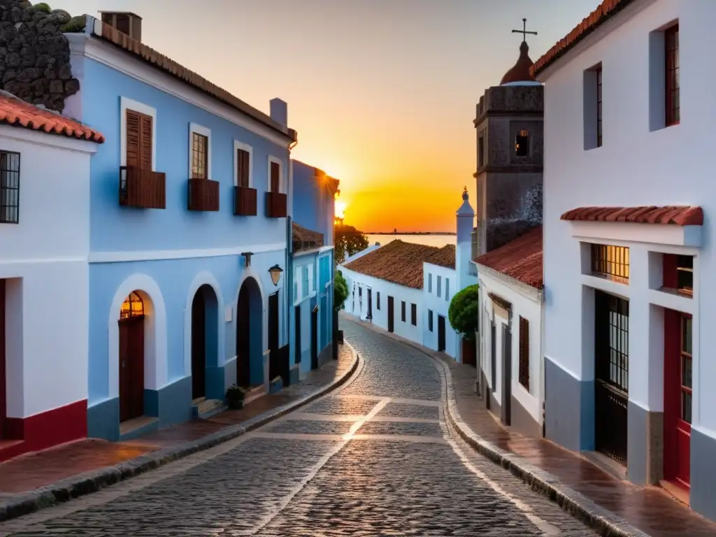 Patrimonio arquitectónico de Colonia del Sacramento bajo un atardecer dorado, resaltando las calles empedradas y edificios coloniales