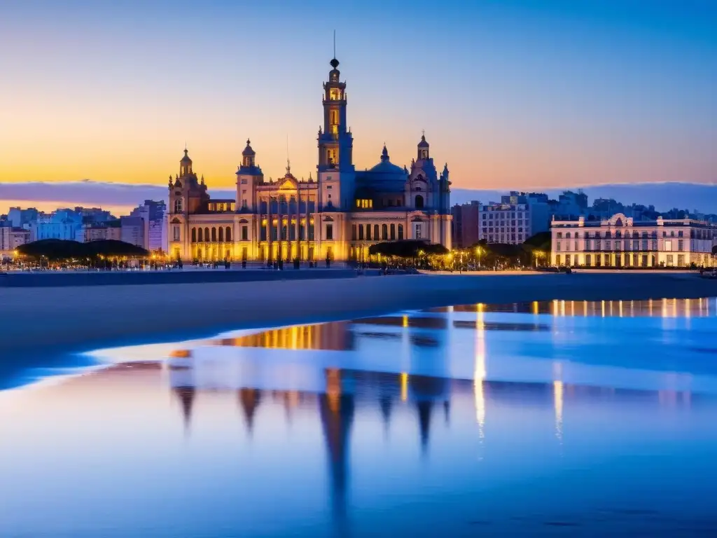 Patrimonio arquitectónico Uruguay: Palacio Salvo en contraste con la Torre Antel, en un atardecer dorado en Montevideo