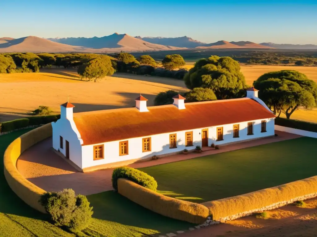 Patrimonio arquitectónico Uruguay resplandece en estancia al atardecer, con gauchos, molino de piedra y casa colonial