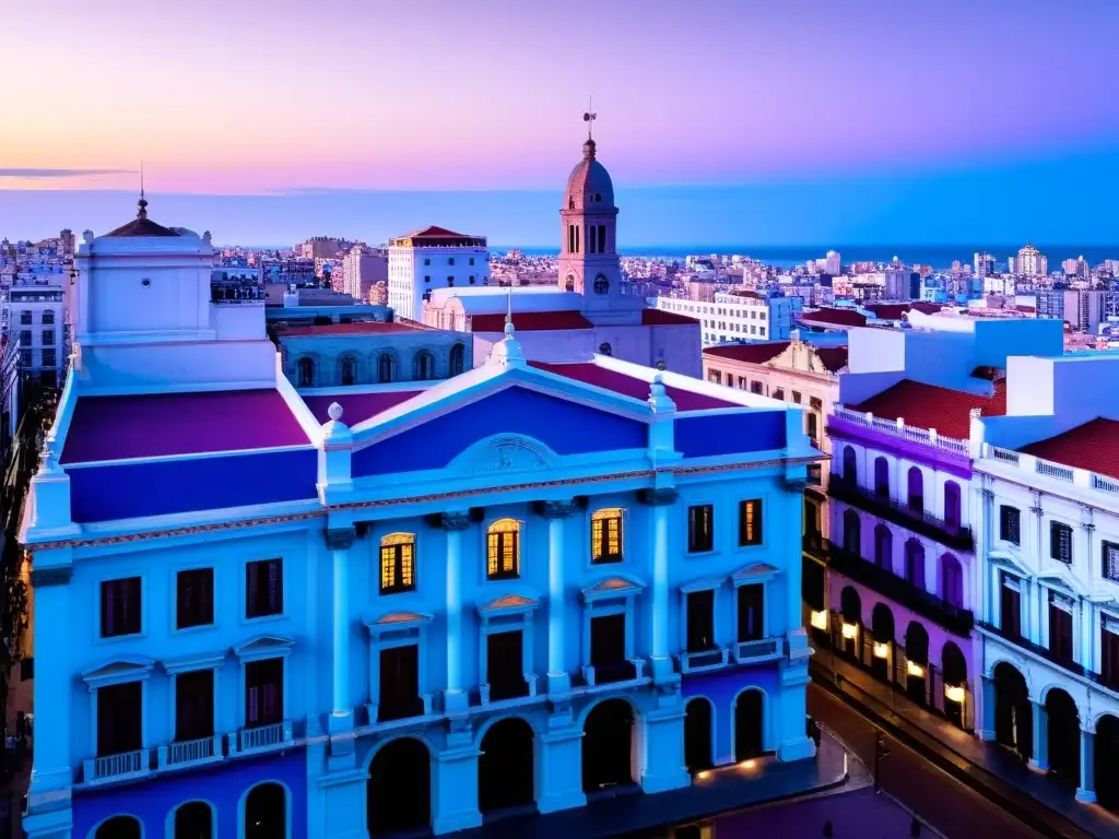 Patrimonio arquitectónico Uruguay resaltado en la luz del atardecer en Montevideo, con el icónico Palacio Salvo y el Teatro Solís