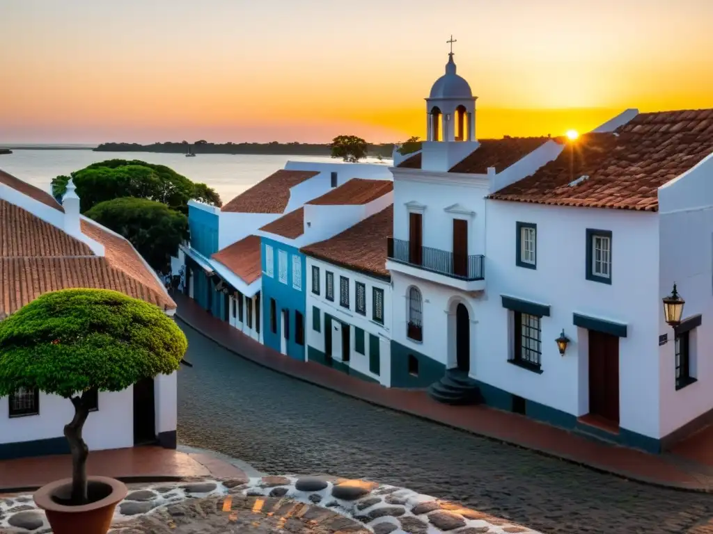 Patrimonio de la UNESCO en Uruguay: Colonia del Sacramento bañada en luz dorada al atardecer, con su faro icónico y calles empedradas