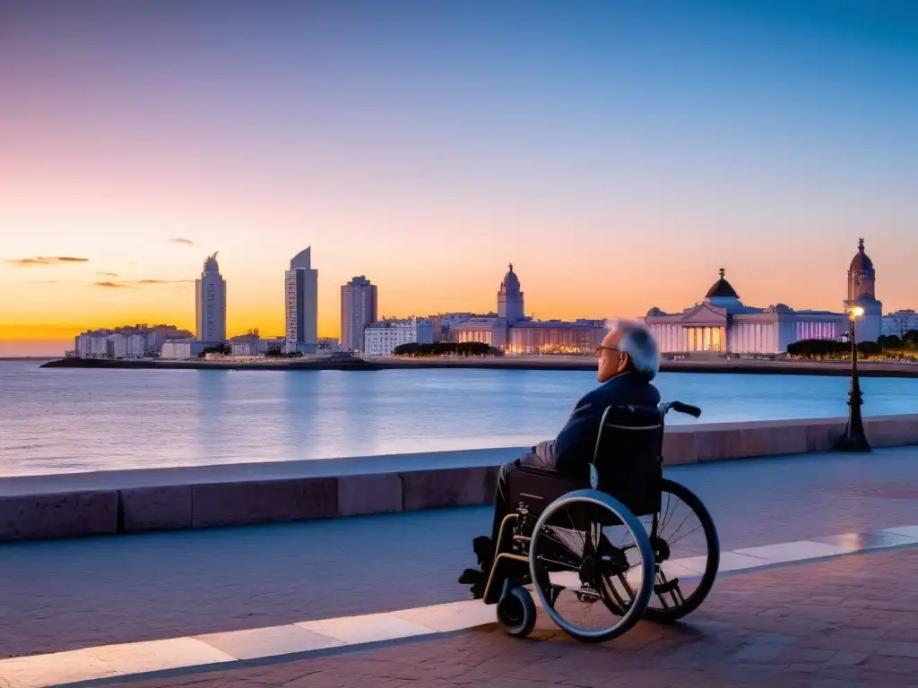 Persona en silla de ruedas disfrutando un atardecer sereno en Montevideo, destacando el viaje a Uruguay con movilidad reducida