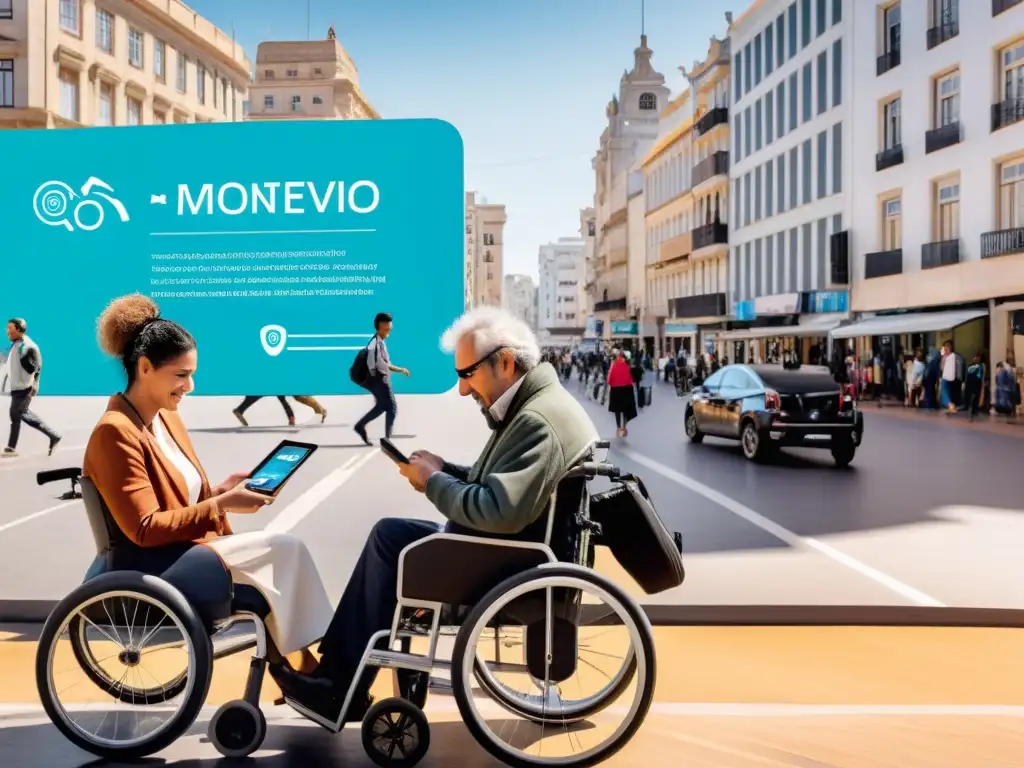 Personas con discapacidad en Montevideo, Uruguay, usan tecnología para acceder a transporte accesible, en un ambiente lleno de vida y progreso