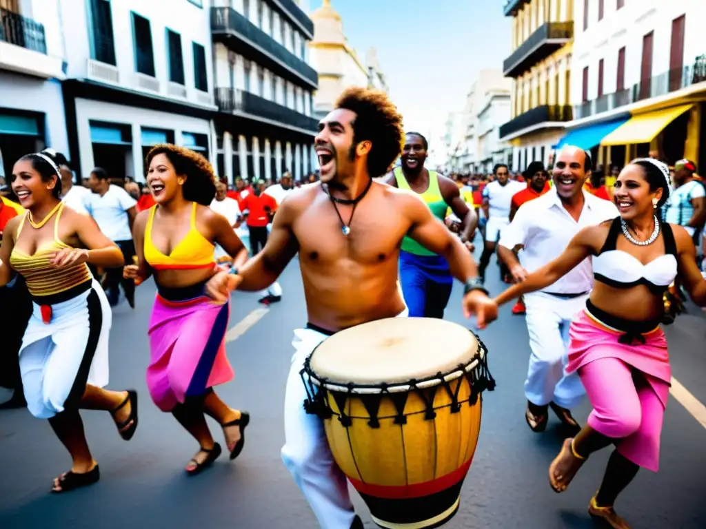 Personas de todas las edades deleitándose en una alegre danza de Candombe en las calles de Montevideo, Uruguay, bajo el cálido brillo del sol poniente