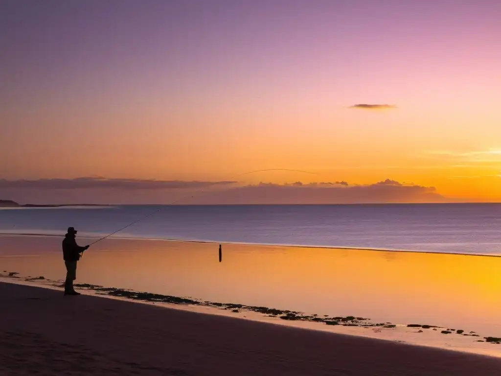 Pesca recreativa en Uruguay al amanecer, con la costa bañada en luz dorada y un pescador en silueta