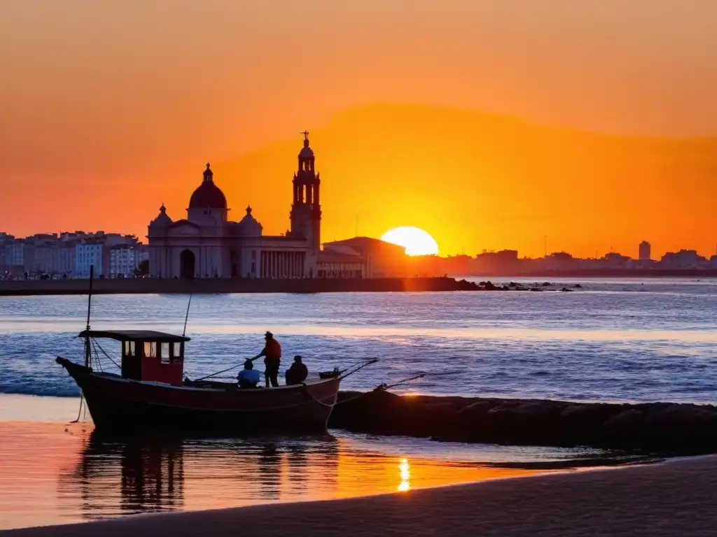 Pescador en la costa de Montevideo, un lugar fotogénico de Uruguay, con la Ciudad Vieja y el Palacio Salvo al atardecer