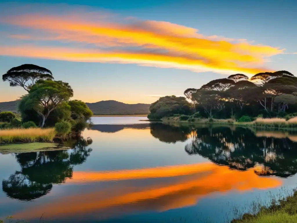 Pescador solitario disfrutando de la pesca recreativa en Uruguay, en un lago tranquilo rodeado de vegetación, bajo un atardecer dorado y estrellado