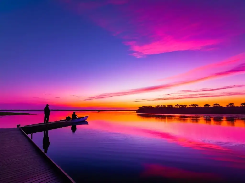 Un pescador solitario disfruta del amanecer en el tranquilo Río de la Plata, uno de los mejores lugares para pesca deportiva en Uruguay