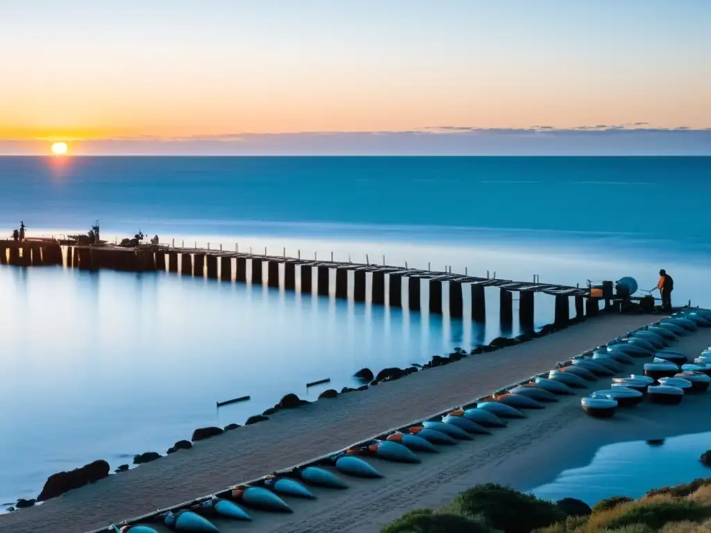 Pescador uruguayo organizando su equipo de pesca recreativa en Uruguay al amanecer, con el mar teñido de naranja y la serenidad del entorno