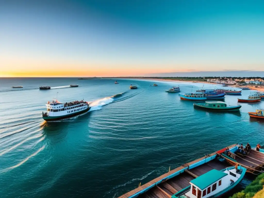 Pinceladas de naranja y púrpura adornan el cielo al atardecer en Uruguay, realzando la diversidad del transporte acuático en Uruguay