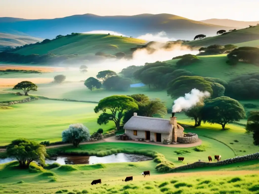 Una pintoresca cabaña rústica, uno de los mejores alojamientos rurales de Uruguay, esconde entre verdes colinas al atardecer