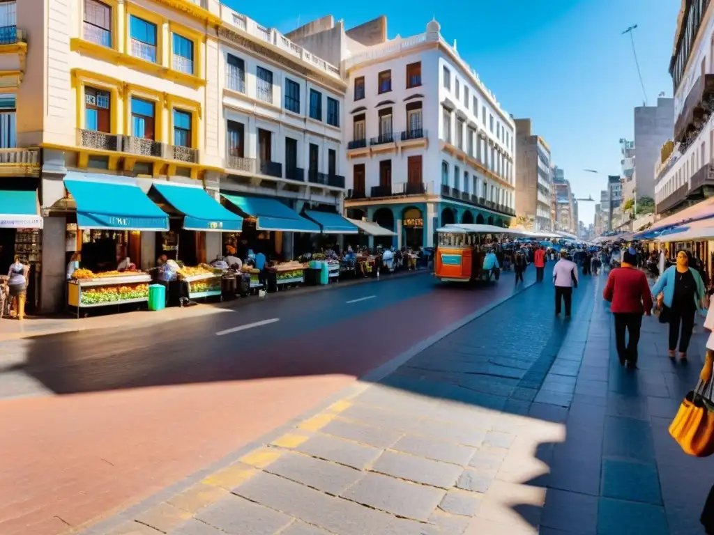 Pintoresca escena de la 'diversidad cultural uruguay fotografías': calle bulliciosa de Montevideo mezclando pasado y futuro