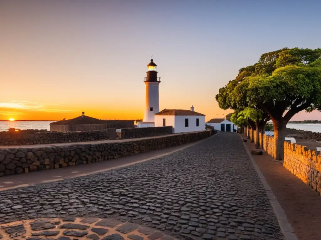 Pintoresco atardecer en Colonia del Sacramento, uno de los pueblos bonitos de Uruguay, con su faro iluminado y calles empedradas