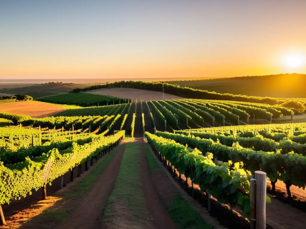 Pintoresco atardecer en un viñedo uruguayo, con un cartel rústico señalando las 'Rutas del vino en Uruguay'