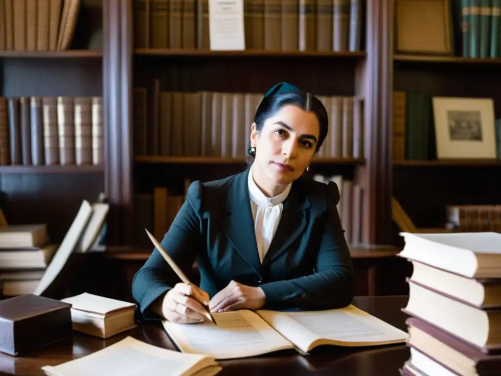 Paulina Luisi, pionera en la lucha derechos mujer en Uruguay, inmersa en su oficina entre libros y documentos, símbolo de tenacidad y sabiduría