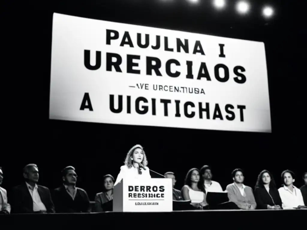 Paulina Luisi, pionera en la lucha derechos mujer, iluminada por un foco, habla apasionada ante un auditorio atento y mixto