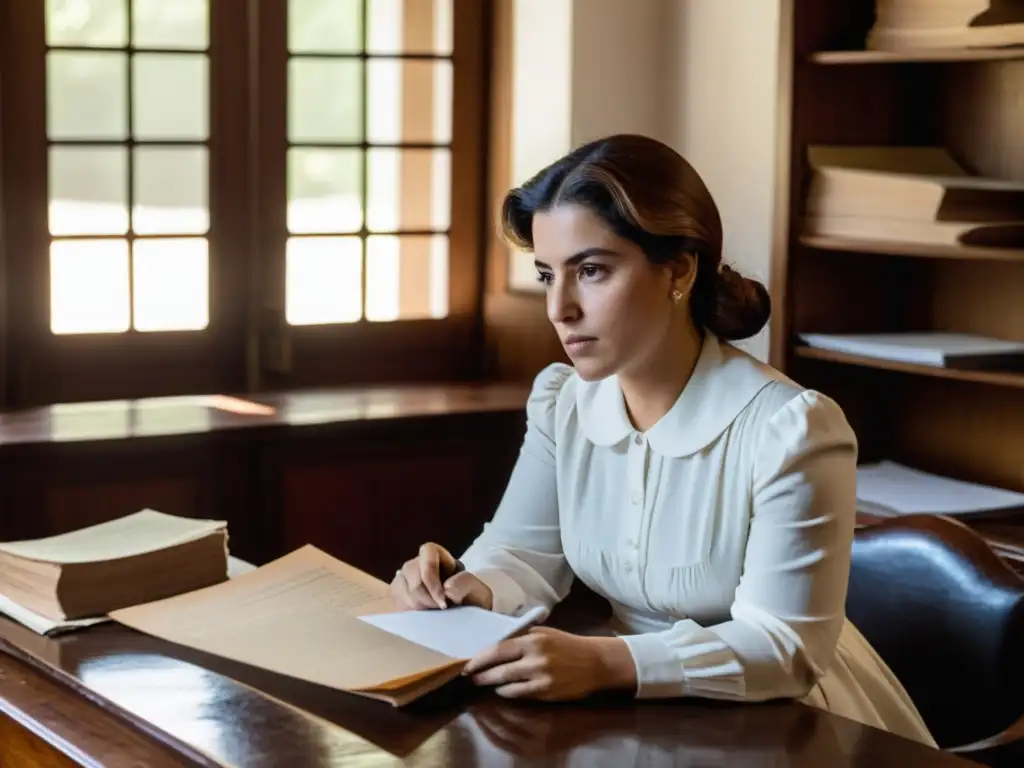 Paulina Luisi, pionera en medicina en Uruguay, en lucha derechos mujer, estudia documentos en un escenario histórico