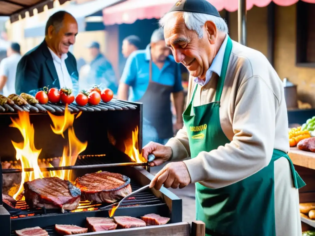 Platillo tradicional uruguayo Chivito siendo preparado por un experto en un vibrante mercado, evocando la rica historia culinaria de Uruguay