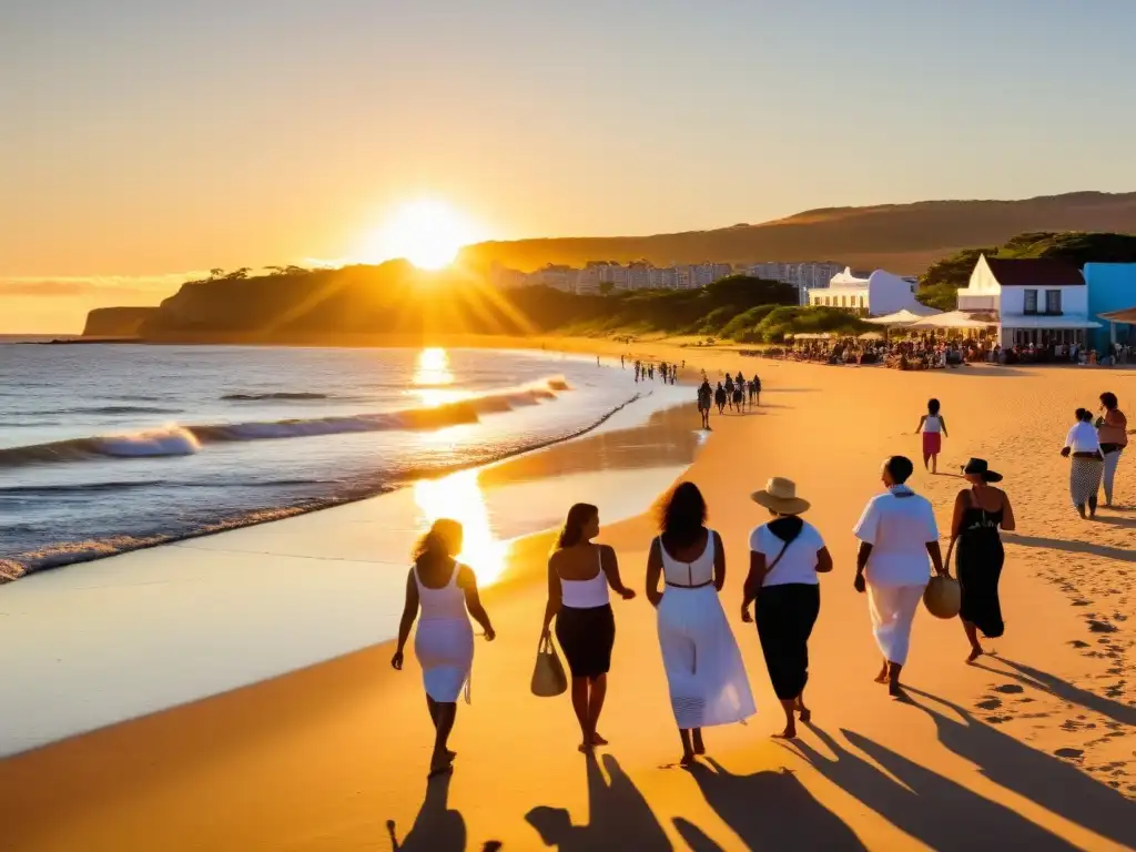 Playa uruguaya bañada por el sol dorado, donde mujeres de todas edades y etnias, encarnando la igualdad de género, aportan con orgullo al turismo