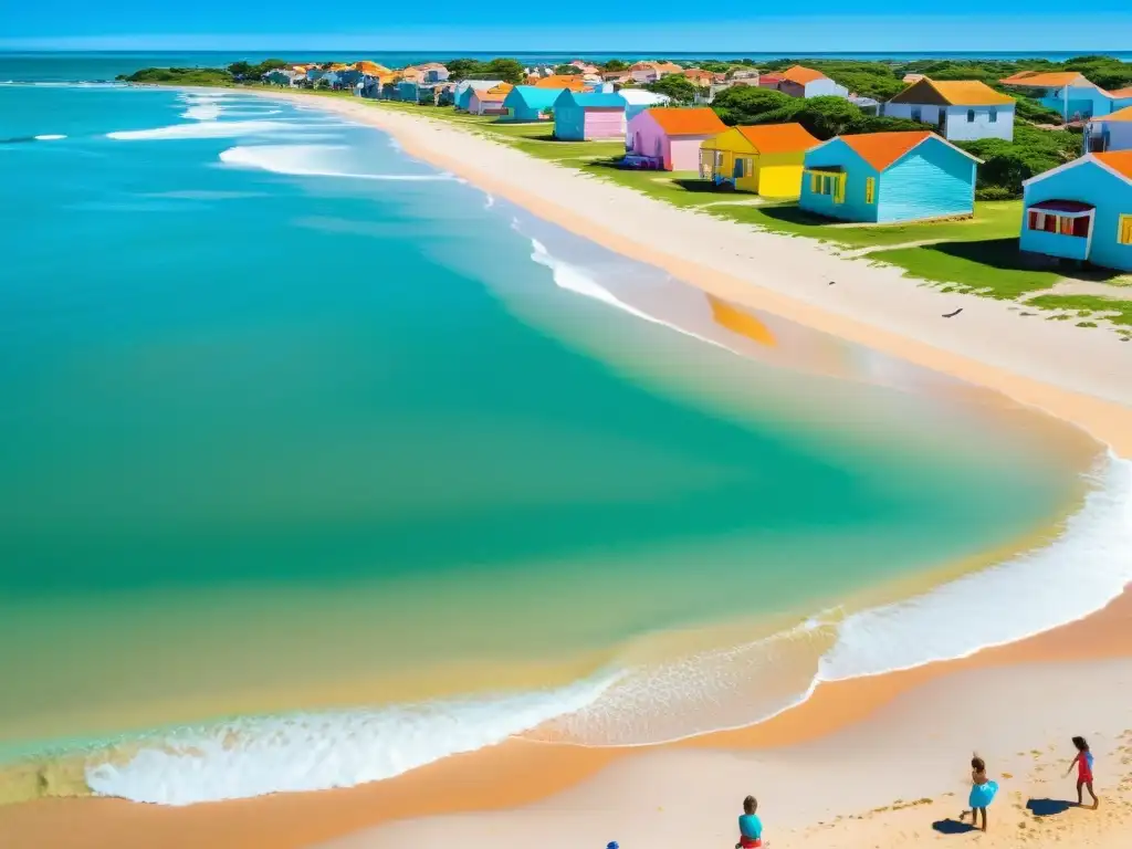 Playa soleada en Uruguay, niños construyendo castillos y volando cometas