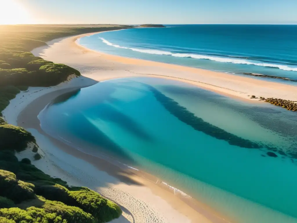 Playas escondidas Uruguay litoral: Un atardecer dorado baña una playa virgen, las palmeras danzan suavemente y el mar turquesa susurra melodías