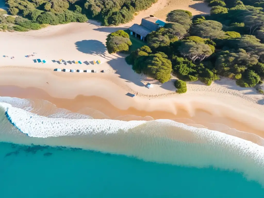 Playas escondidas Uruguay litoral, bañadas por el dorado sol del atardecer, con palmeras, mar turquesa y familias disfrutando de un mágico momento