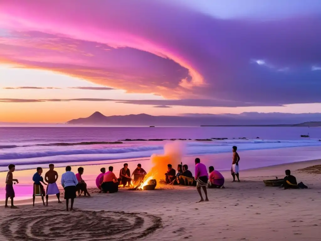 Playas e islas de Uruguay bajo un atardecer multicolor, gauchos preparando un asado y niños jugando fútbol en la orilla