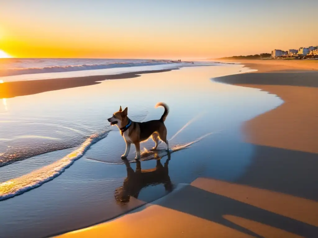 Playas Petfriendly en Uruguay: perros felices jugando al atardecer en una playa prístina bajo el cálido sol dorado