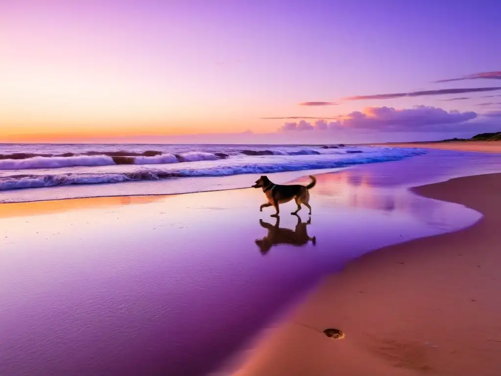 Playas Petfriendly en Uruguay: perros de todas las razas disfrutan al atardecer, llenando de vida y alegría el lienzo de colores que pinta el cielo