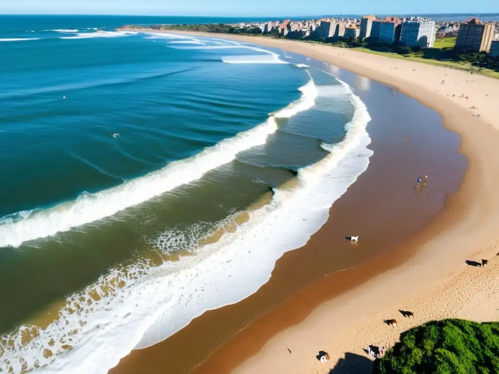 Playas Petfriendly en Uruguay, llenas de vida, con perros jugando en las olas, familias disfrutando y un atardecer vibrante