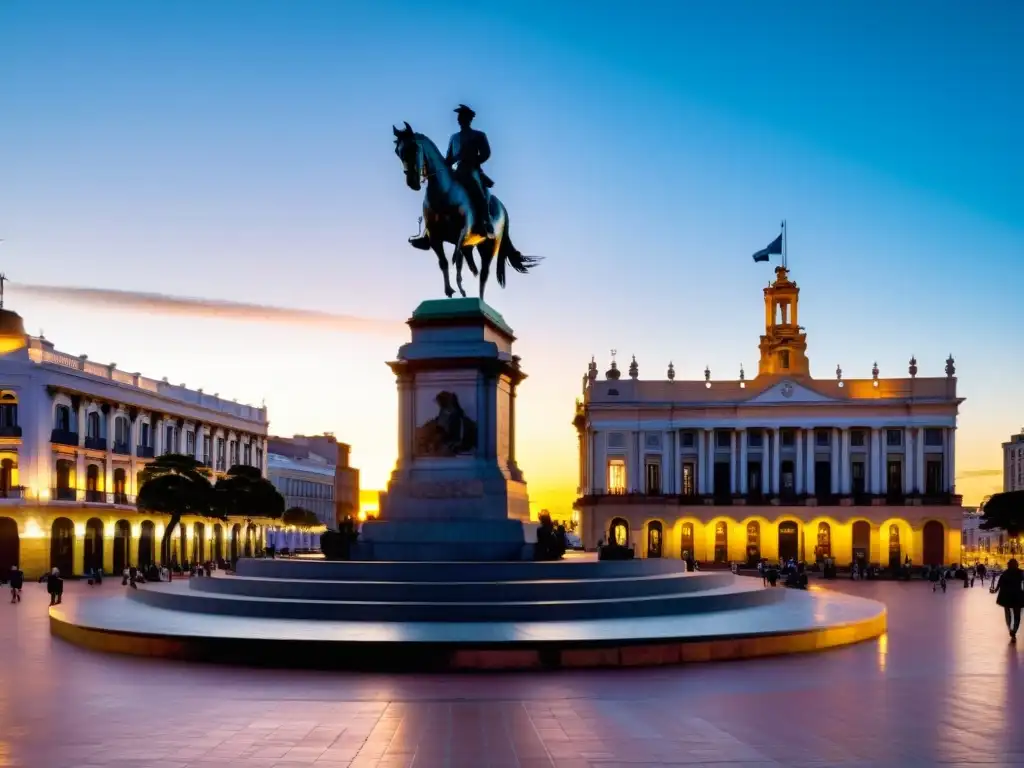 Plaza Independencia de Montevideo al atardecer, con la majestuosa figura de Artigas y el Palacio Salvo, iconos de los monumentos históricos de Uruguay