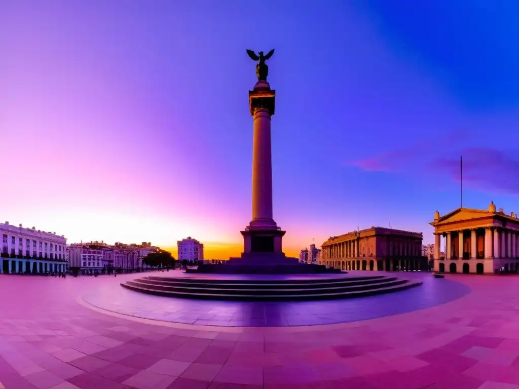 Amanecer en la Plaza Independencia de Montevideo con el Mausoleo de Artigas en el centro, rodeado de joyas arquitectónicas bañadas por la luz suave