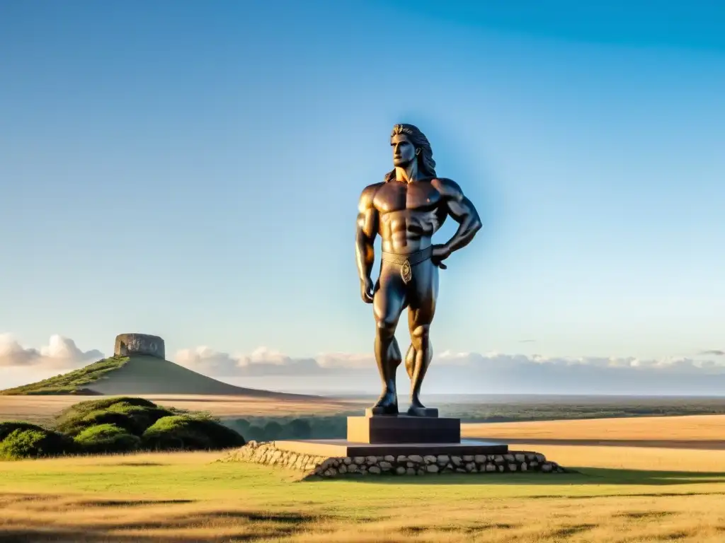 Tabaré, el poderoso Cacique Charrúa desafiante, observa el Imperio Español desde una llanura uruguaya bañada por el sol, capturando su lucha y legado