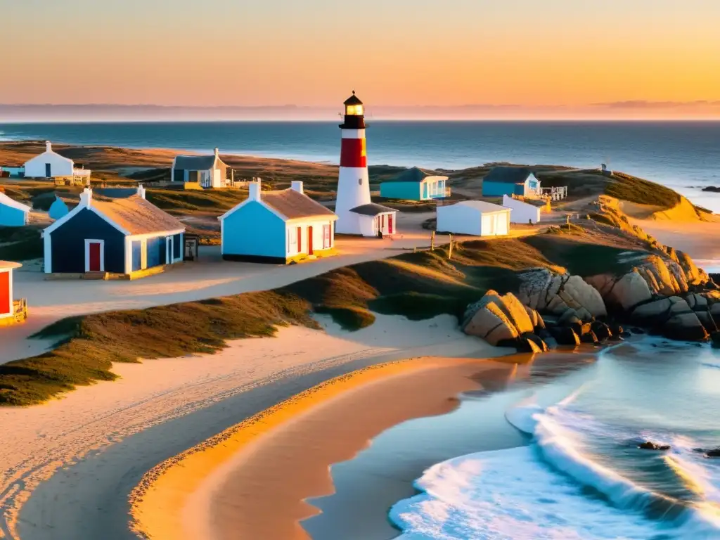 Cabo Polonio Uruguay belleza natural, con casas coloridas en atardecer, un solitario faro y leones marinos jugando al ocaso