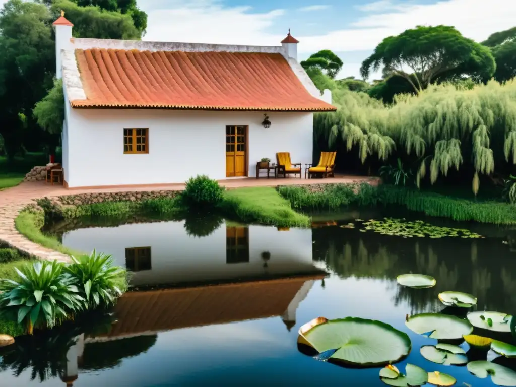 Posada rural en Uruguay, con techos rojos, rodeada de verde naturaleza y un estanque tranquilo al atardecer