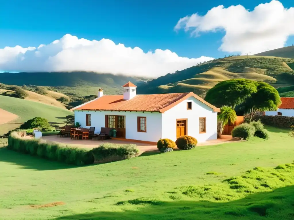 Posadas rurales en Uruguay, un encanto idílico, en medio de verdes colinas y bajo un cielo azul con nubes blancas