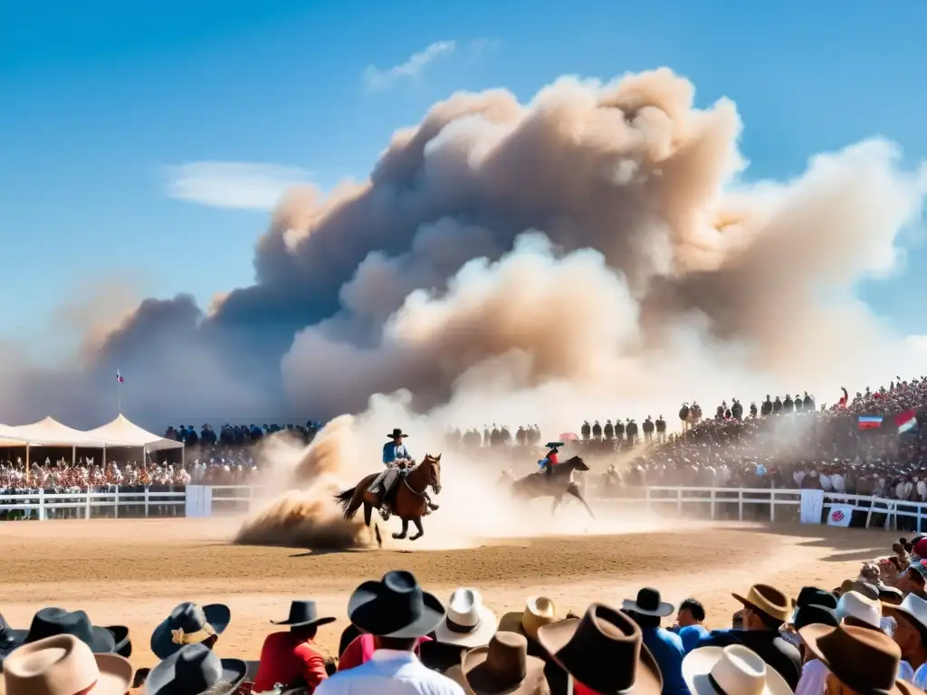 Gaucho hábil doma un potro rebelde en la vibrante Fiesta de la Patria Gaucha en Uruguay, bajo un atardecer cálido, frente a un público emocionado