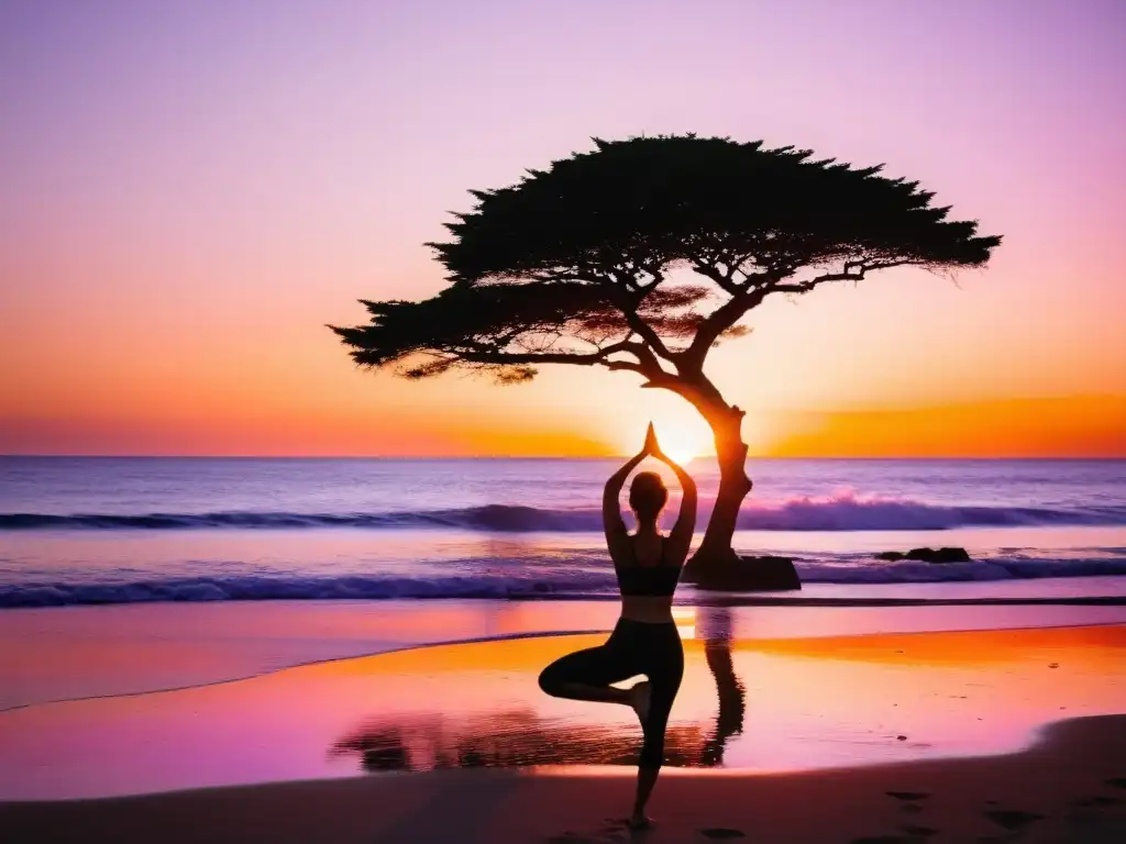 Practicante de yoga en Uruguay, en equilibrio con la belleza de un amanecer sereno y la rica cultura local