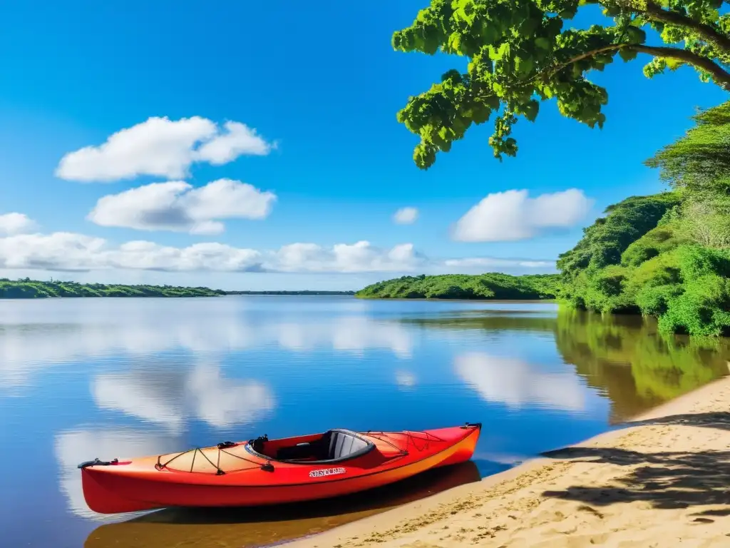 Preparándonos para emocionantes paseos en kayak por el Río Uruguay, con un paisaje verde, cielo azul y equipo listo