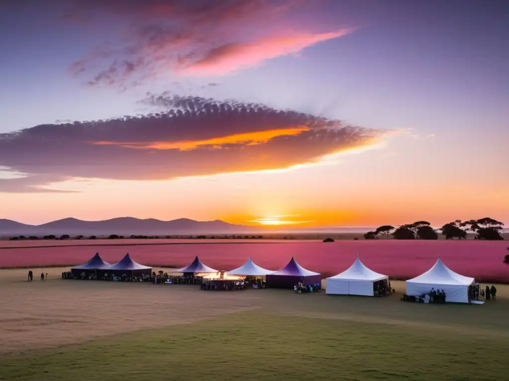 Preparativos para los encantadores eventos al aire libre Uruguay 2022, con el sol cayendo sobre las coloridas pampas, creando un ambiente mágico