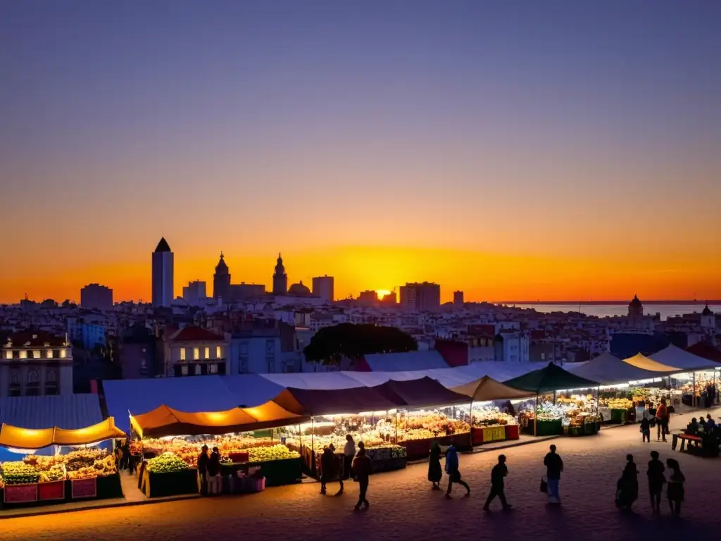 Presupuesto ajustado, mochileros disfrutan Uruguay al atardecer, regateando en mercado local de Montevideo, bajo un cielo dorado