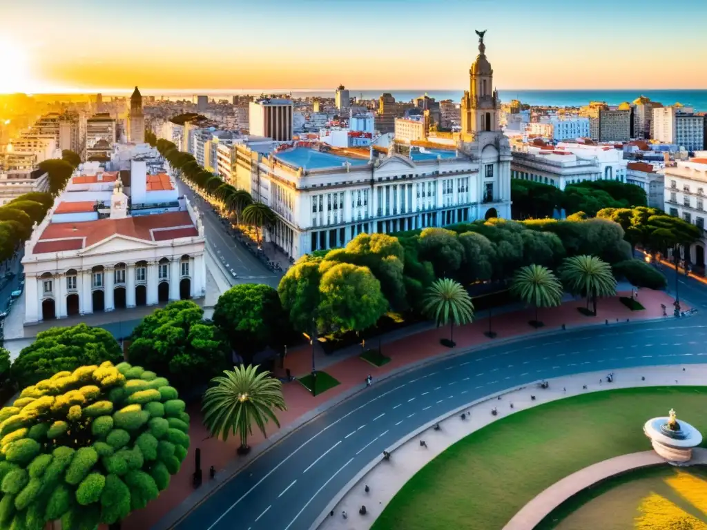 Viajar a Uruguay con un presupuesto limitado es posible, planificar gastos mientras disfrutas de la vista panorámica dorada de Montevideo al atardecer