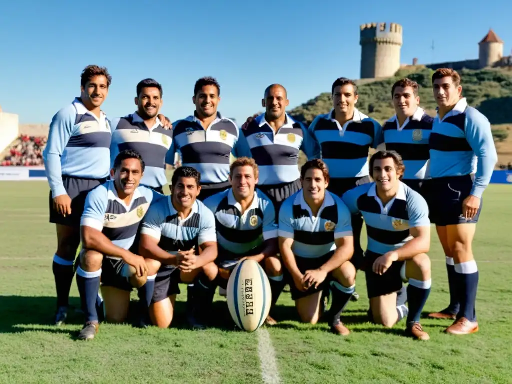 Primer equipo de rugby uruguayo, reflejo de la unión nacional y la cultura rugby Uruguay, orgullosos en su campo bajo el sol de Montevideo, 1900s