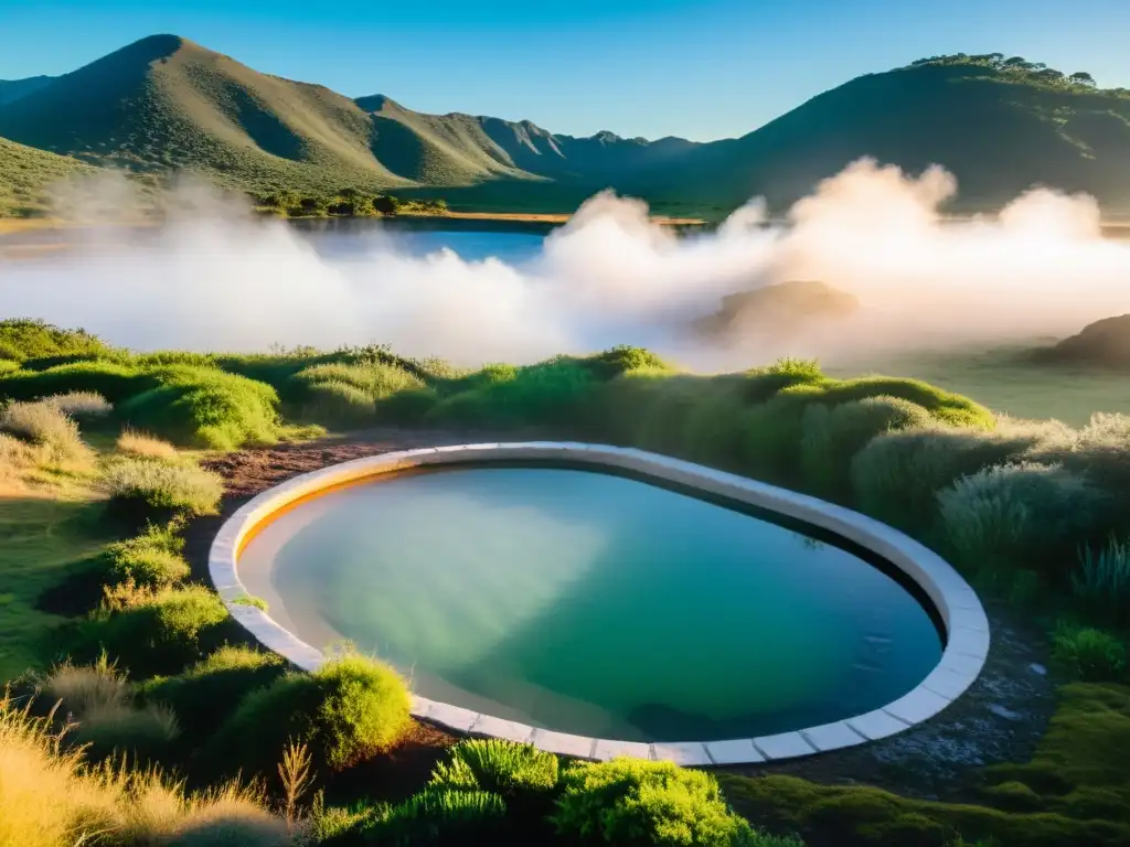 Primeras luces del amanecer iluminan los mejores baños termales en Uruguay, un oasis de bienestar en un paisaje verde y montañoso