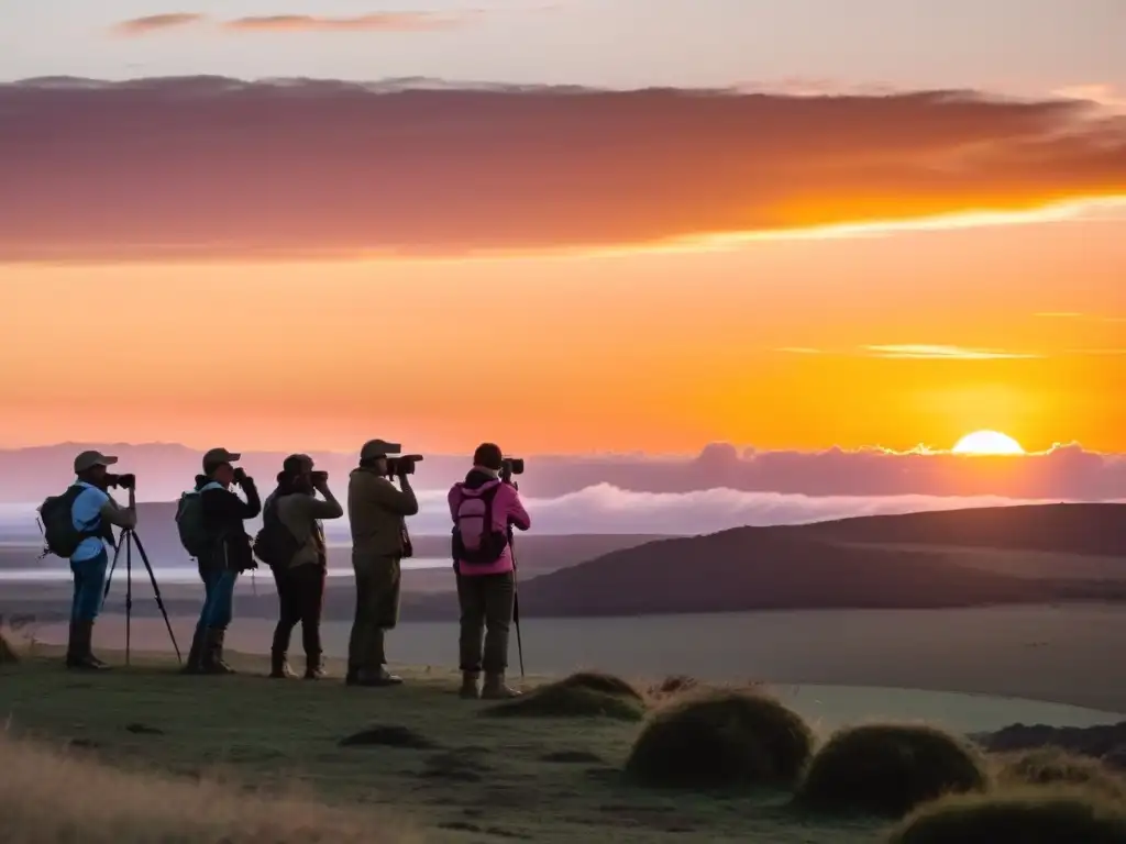 Principiantes en avistamiento de aves en Uruguay, capturados en un amanecer lleno de colores vibrantes y aves exóticas