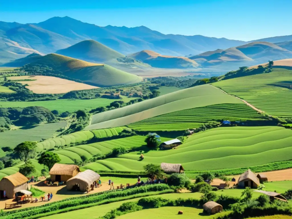 Proyectos turismo comunitario Uruguay: artesanos, granjeros y turistas interactuando en un entorno rural pintoresco, lleno de alegría y calidez